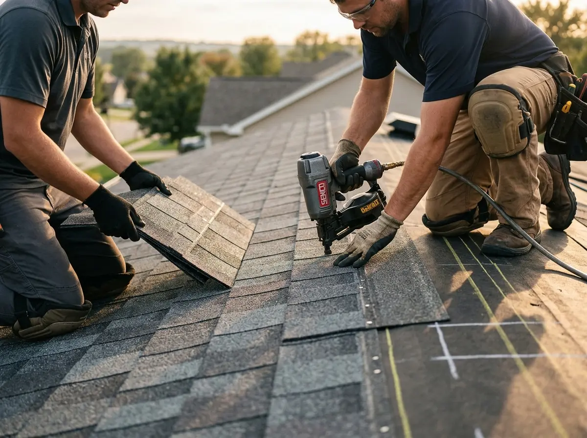 Professional roofer working on a residential roof in Smyrna